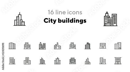 City buildings line icon set. Office building, apartment house, business area. Urban life concept. Can be used for topics like town, big city, architecture