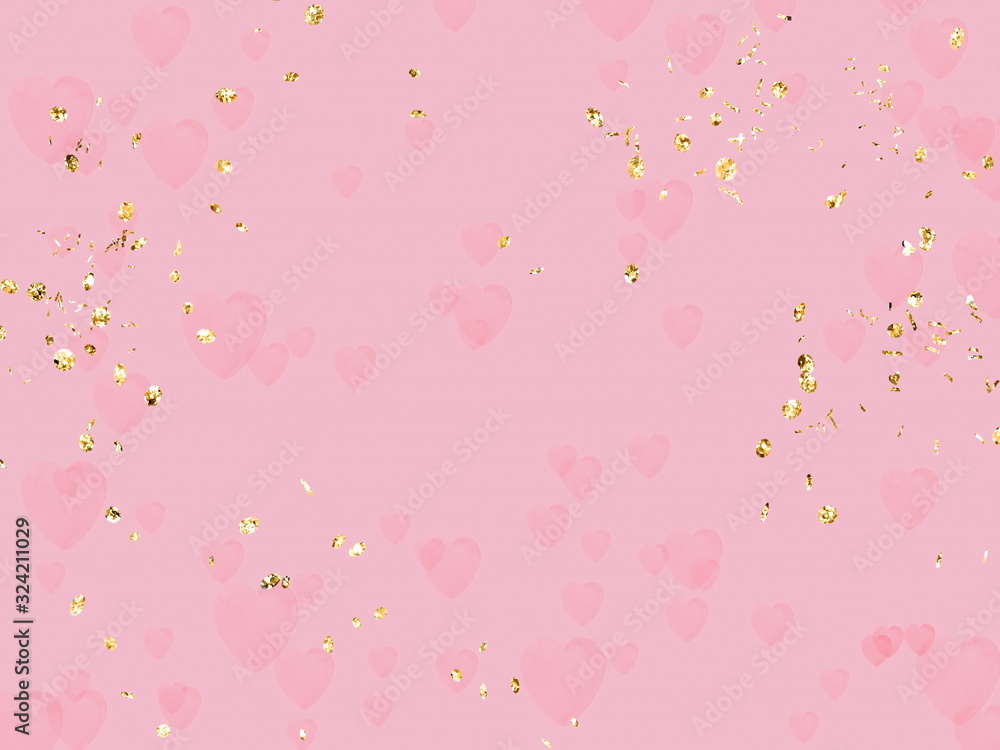 romantic holiday blur background with golden elements ,flying hearts , petal copy space pink pastel  yellow light colored banner for Christmas wedding valentine women day greetings card  - obrazy, fototapety, plakaty 