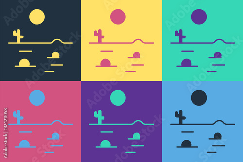 Pop art Desert landscape with cactus icon isolated on color background. Vector Illustration
