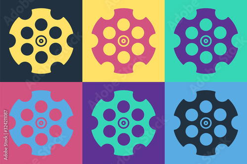 Pop art Revolver cylinder icon isolated on color background. Vector Illustration