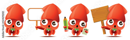 Cartoon cute squid with bowtie mascot set, cute squid holding big white/wooden signboards, taking order with pencil and notebook. - Vector mascot set