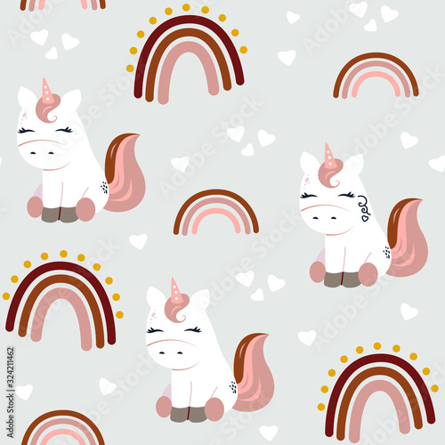 Cute little unicorns with big tales and happy faces with closen eyes. Simple vector pattern with rainbows and hearts.Modern vector digital paper for print on fabric or wrapping paper with love symbols
