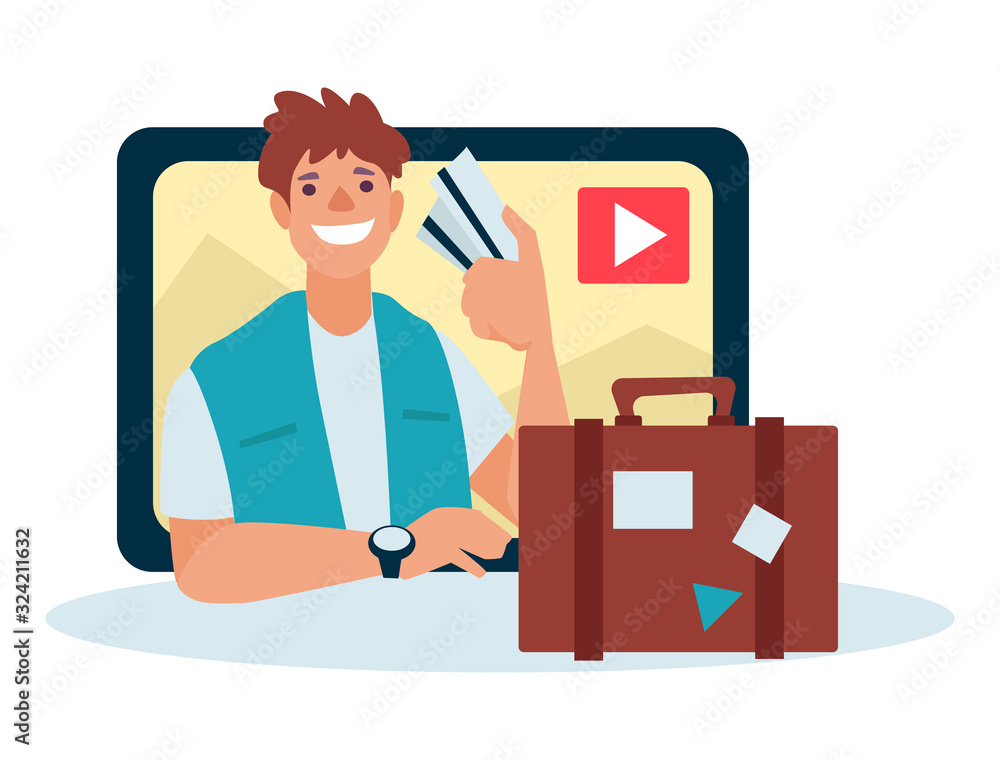 Video blogger, travel blog concept, man with tickets and baggage Video blogger, travel blog concept, man with tickets and baggage