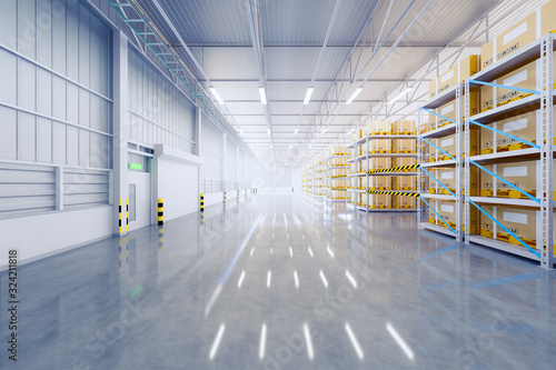 Warehouse or industry building interior. known as distribution center, retail warehouse. Part of storage and shipping system. Included box package on shelf, empty space and concrete floor. 3d render.
