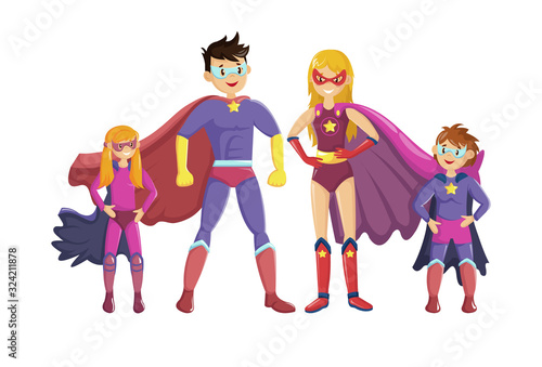 Superheroes smiling parents and their children stand showing muscles
