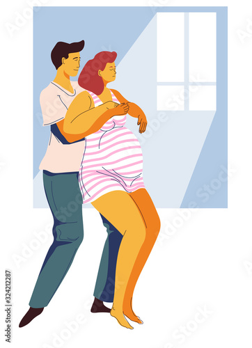 Childbirth preparing, contraction or giving birth pose, man and woman