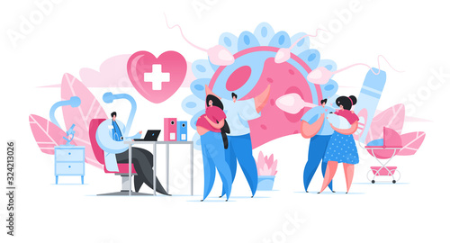 Happy parents visiting doctor in clinic. Flat cartoon people vector illustration