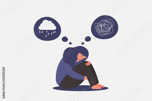unhappy and sad young girl in depression sitting, lonely woman hugging knees with rainy cloud and confused on mind, sorrow, mental health concept, cartoon female character vector flat illustration