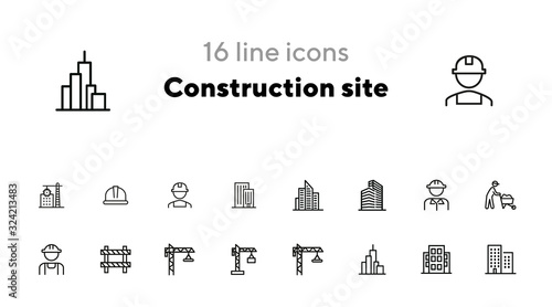 Construction site line icon set. Building, worker in helmet, crane. Construction concept. Can be used for topics like real estate development, work, housebuilding, property