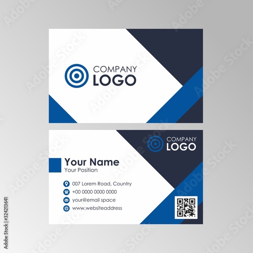 Simple flat geometric blue and black business card with qr code design, professional name card template vector