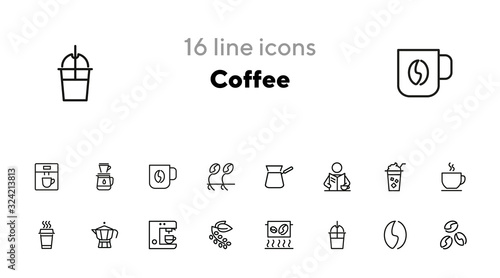 Coffee line icon set. Cappuccino maker machine, takeaway paper cup, bean. Coffee concept. Can be used for topics like coffee shop, break, morning, breakfast
