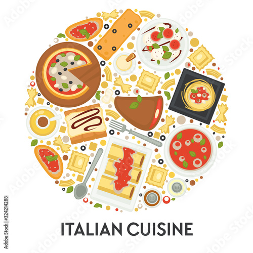 Italian cuisine menu, pizza and pasta, food of Italy