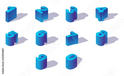 Blue isometric numbers sequence from zero to nine. Creative 3d digits drawn with shadows.