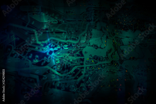 Quantum computing concept. Abstract glowing electronic circuit. 3D rendered illustration.