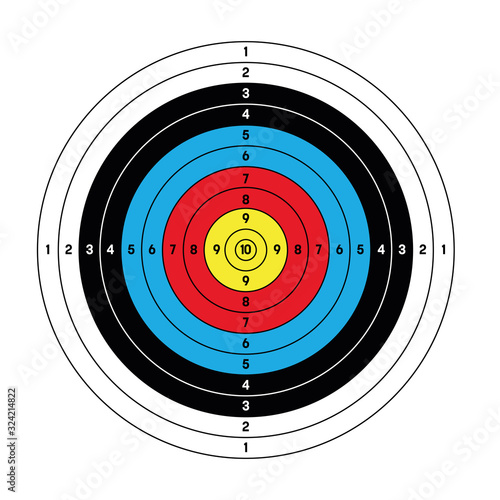 Outdoor archery target in traditional colors - yellow, red, blue, black and white. Vector illustration