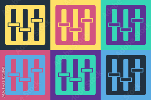 Pop art Sound mixer controller icon isolated on color background. Dj equipment slider buttons. Mixing console. Vector Illustration