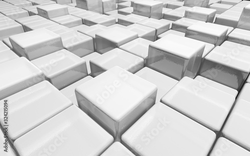 Cubic wall - 3d render illustration. Concept design - sterile gray-white boxing puzzle. Randomly scattered 3d cubes that form a block element. Light background wallpaper for copy space and banners