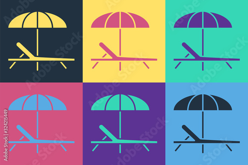 Pop art Sunbed icon isolated on color background. Beach umbrella and Sun lounger. Vector Illustration