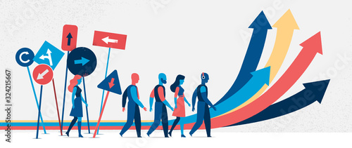 Persone che seguono strade diverse. Segnali e indicazioni - Illustrazione vettoriale