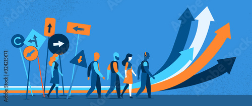 Persone che seguono strade diverse. Segnali e indicazioni confusi - Illustrazione vettoriale	many_opportunities