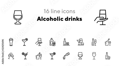 Alcoholic drinks icon. Set of line icons on white background. Martini, toast, whiskey. Beverage concept. Vector illustration can be used for topics like wine menu, bar, drinks