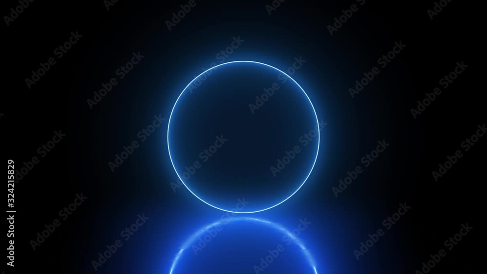 Neon glowing circle. Blue frame with reflection. 3D animation. Neon glowing circle. Blue frame with reflection. 3D animation.