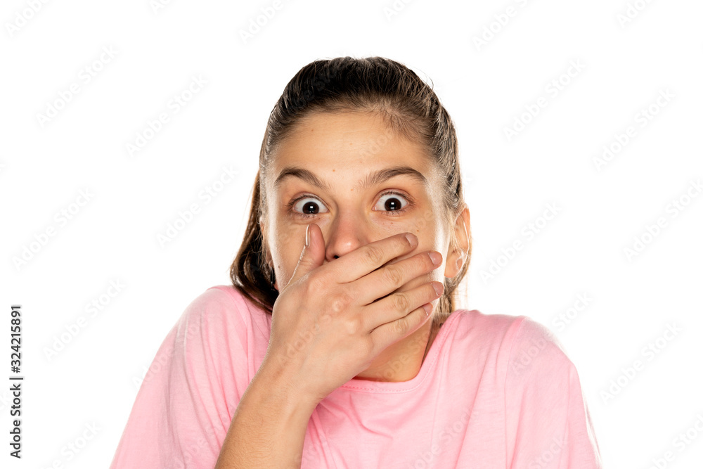 Portrait of young shocked woman without makeup Portrait of young shocked woman without makeup