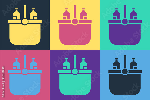 Pop art Cooler bag and water icon isolated on color background. Portable freezer bag. Handheld refrigerator. Vector Illustration