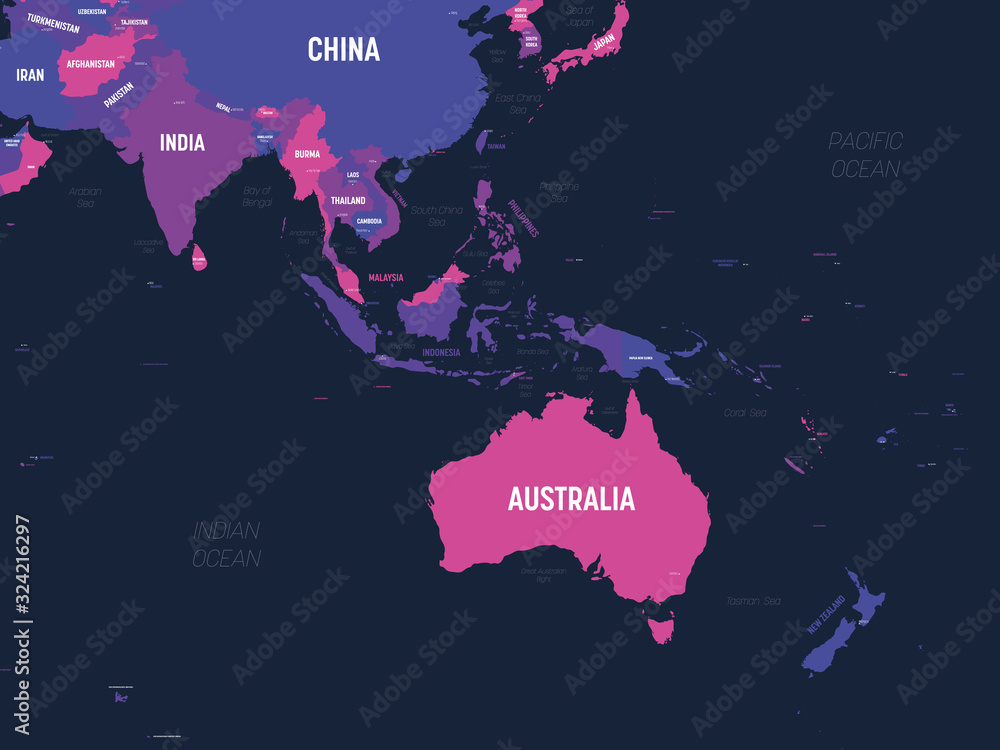 Map Of South East Asia And Australia Australia And Southeast Asia Map. High Detailed Political Map Of Australian  And Southeastern Asia Region With Country, Capital, Ocean And Sea Names  Labeling Stock Vector | Adobe Stock