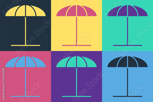 Pop art Sun protective umbrella for beach icon isolated on color background. Large parasol for outdoor space. Beach umbrella. Vector Illustration