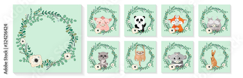Cute animals, eucalyptus and flower wreath. Greeting cards, posters, banners set. Pigs, panda, foxes, hippos, raccoon, sloths, koalas, kangaroos in hugs. Hand drawn vector illustration.