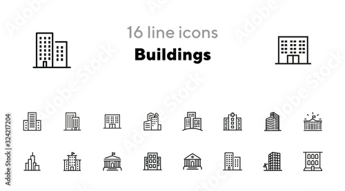 Buildings line icon set. Bank, school, courthouse, university, library. Architecture concept. Can be used for topics like office, city, real estate