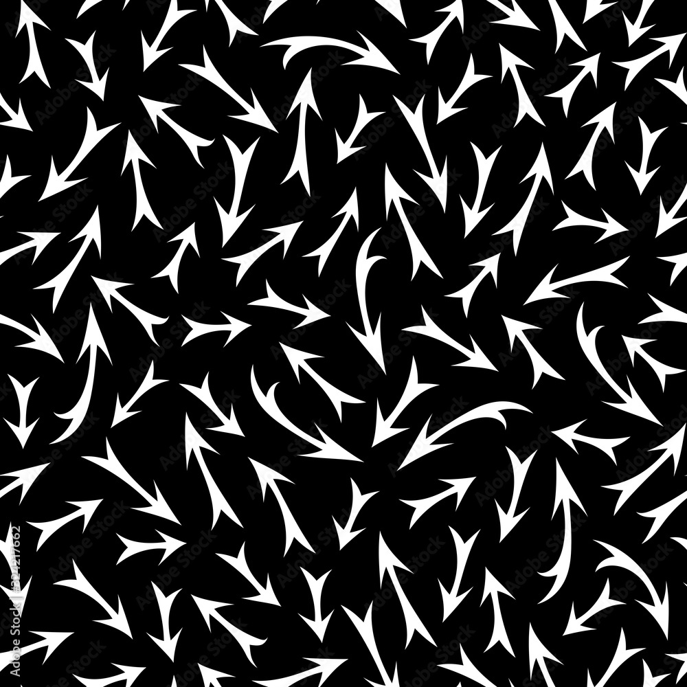 Seamless pattern of hand-drawn arrows in different directions.Contour drawing in cartoon style on a black background.Template for business projects, infographics, gift cards, packaging paper.