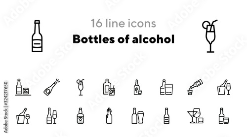 Bottles of alcohol line icon set. Glass, shot, flute, spirits. Alcoholic drinks concept. Can be used for topics like restaurant, bar, pub, addiction