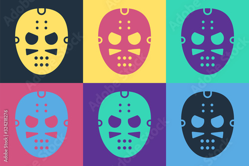 Pop art Hockey mask icon isolated on color background. Vector Illustration