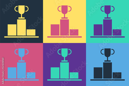 Pop art Hockey over sports winner podium icon isolated on color background. Vector Illustration