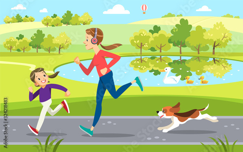 Mother and daughter Jogging with cute dog in the Park, along the lake. Concept motherhood child-rearing. Vector illustration.