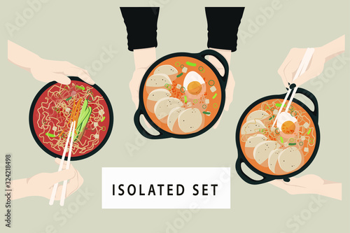 Vector flat set of traditional korean food dishes. A plates of spicy ramen and bibimbap in the hands. Top view, isolated elements. 