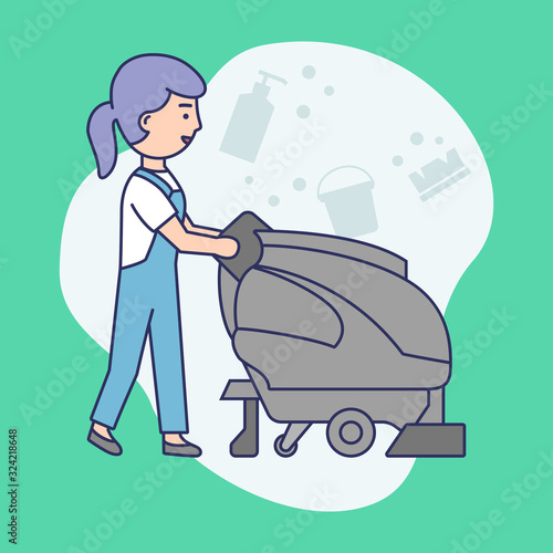 Cleaning Service Concept.Janitorial Worker In Uniform With Multi function Cleaning Machine Washes Floor.Multi Purpose Janitorial Cleaning Service.Linear Outline Cartoon Flat Style.Vector Illustration