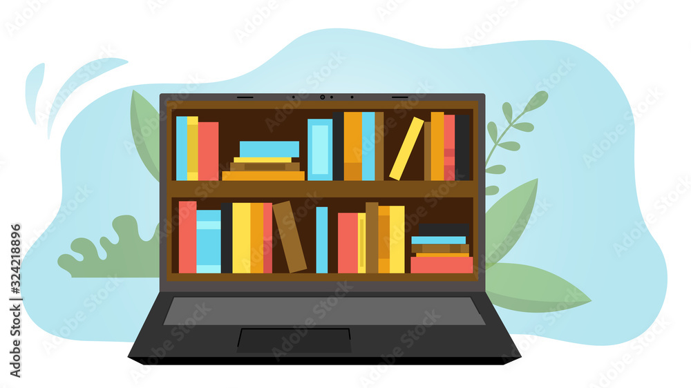 Online Library, E learning, Self Education Concept. Bookshelves With Books On The Laptop Screen. Abstract Background. Education, Reading, Learning online. Cartoon Flat Style. Vector illustration
