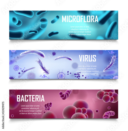 Microbiology and medical 3d ad design. Bacteria and viruses cell. Realistic Virus and bacteria microbe infection medical banners. vector illustration