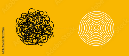 Tangle and untangle, psychotherapy and psychology concept. Tangled vector line illustration. Doodle. Abstract change graphic. Problems solution creative design concept