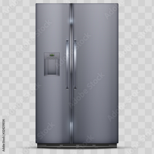 Modern Smart Fridge Freezer refrigerator with double doors. Silver color. Household technology and appliances. Vector Illustration isolated on transparent background.