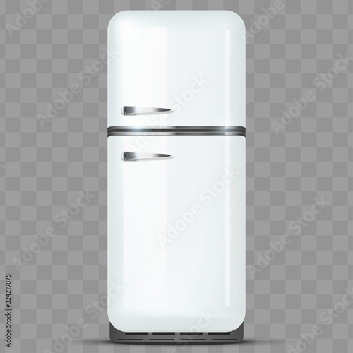 Vintage Fridge Freezer refrigerator. White color. Household technics and appliances. Vector Illustration isolated on transparent background.