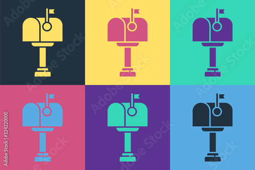 Pop art Mail box icon isolated on color background. Mailbox icon. Mail postbox on pole with flag. Vector Illustration