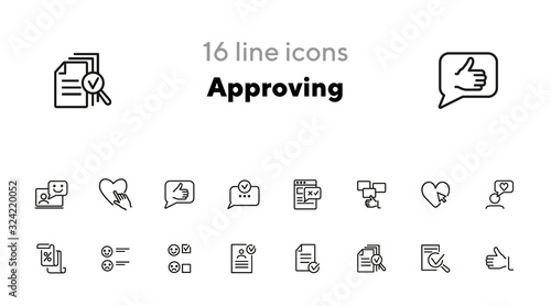 Approving line icon set. Like, document, emoticon. Customer satisfaction concept. Can be used for topics like feedback, rating, results