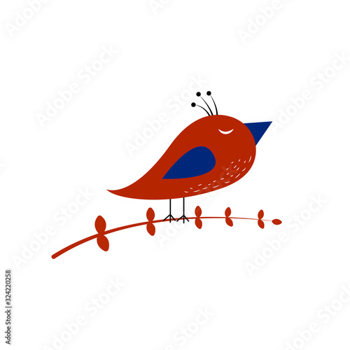 One cute cartoon bird with crest sleeping on tree branch on white background