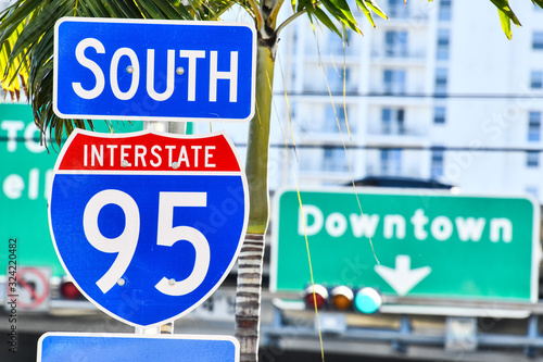 interstate 95 street sign with blue sky , miami city florida usa america photo