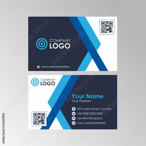 Simple flat geometric blue and black business card with qr code design, professional name card template vector