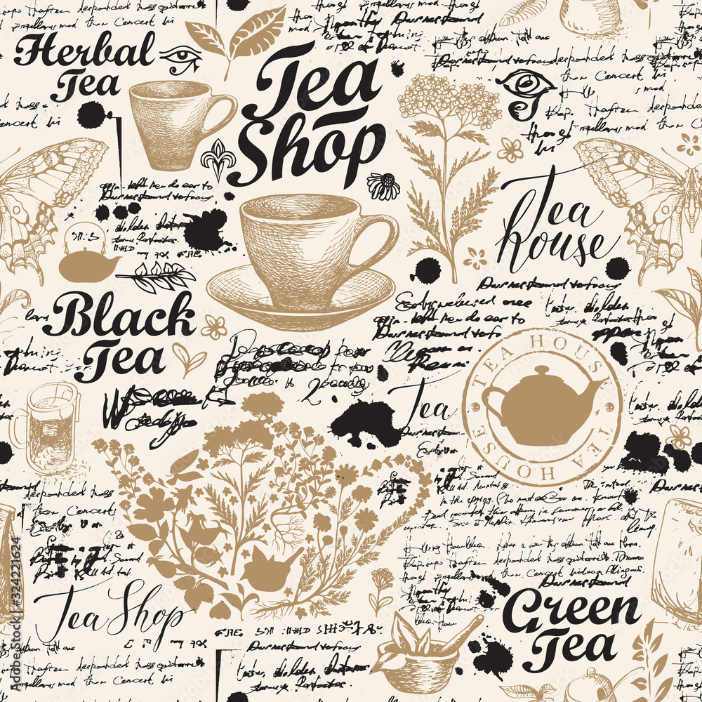 Fototapeta Vector seamless pattern on the tea theme with sketches, unreadable notes, inscriptions, blots. Abstract hand-drawn background in retro style. Suitable for Wallpaper, wrapping paper, background, fabric